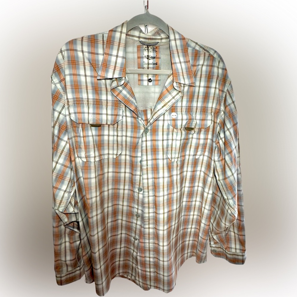 🌺Men’s Timberland casual Grey, Orange and White Button Down Shirt🌸